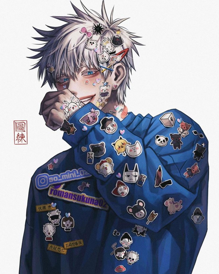 an anime character with lots of stickers on his face and shirt over his shoulders