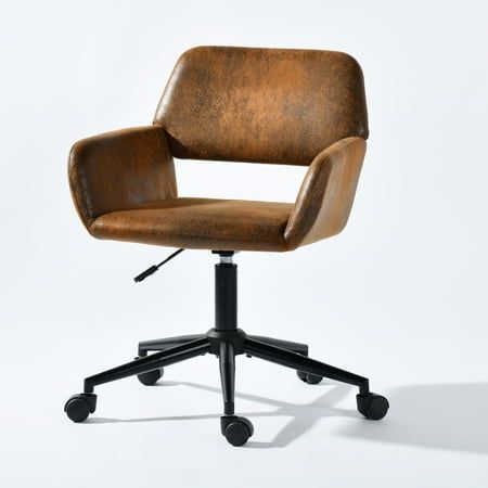 a brown leather office chair with wheels on an isolated white background in front of the camera