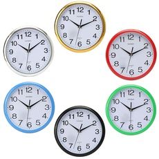 four different colored clocks with numbers on them