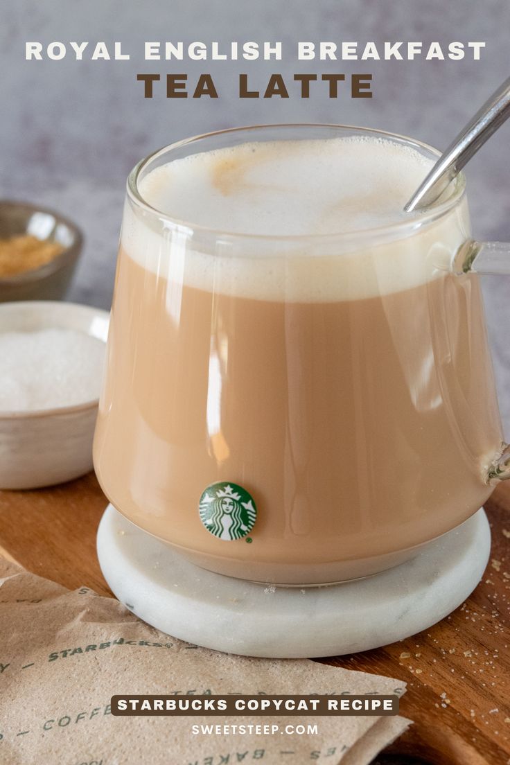 A homemade English Breakfast tea latte in a Starbucks mug next to two bowls of sugar. English Tea With Milk, Iced English Tea Latte, Black Tea Drinks Recipes, Tea Lattes At Home, English Breakfast Tea Recipe, Black Tea Drinks, Steamed Milk Recipe, Frothy Drinks, Black Tea With Milk