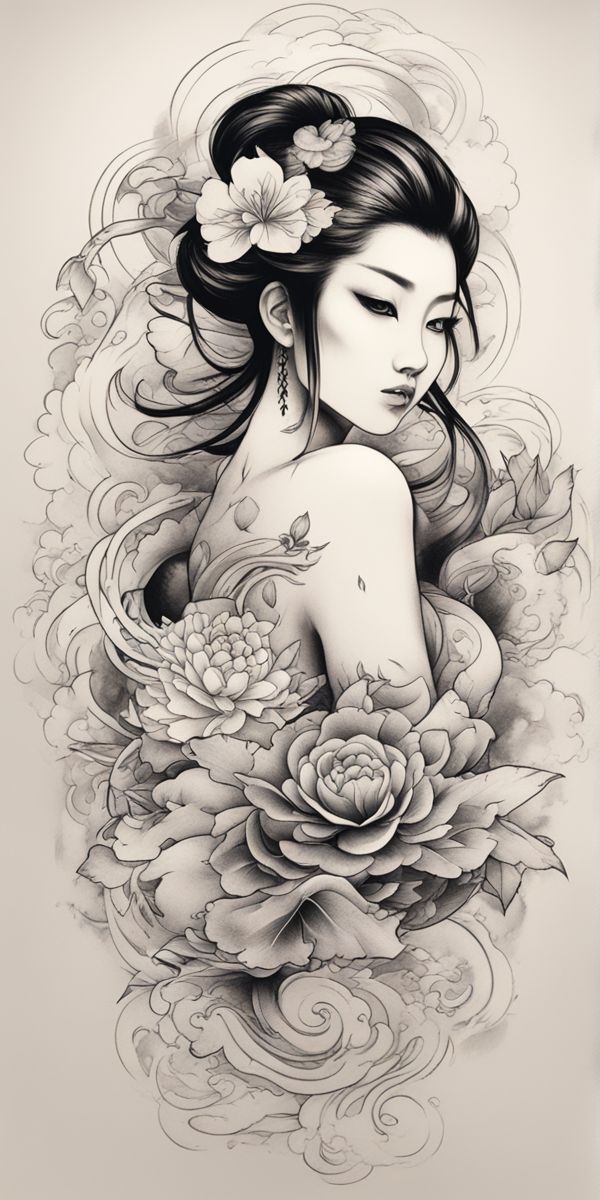 Es un boceto en blanco y negro de estilo japonés para un tatuaje, trazado de forma hábil en un lienzo en blanco. Muestra la impresionante habilidad del artista en capturar delicados detalles y sombras. Asian Lady Tattoo, Geisha Tattoo Design Ideas, Japanese Girl Tattoo, Giant Tattoo, Japanese Geisha Tattoo, Geisha Tattoos, Japanese Tattoo Women, Geisha Tattoo Design, Female Warrior Tattoo