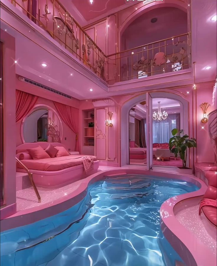 a pink living room with a pool in the middle and stairs leading up to it