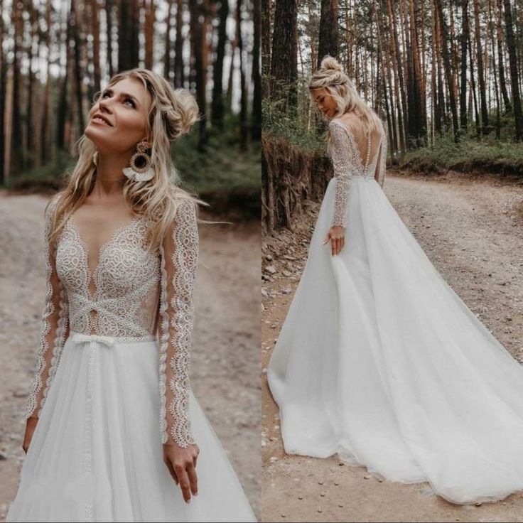 a woman in a white wedding dress standing on a dirt road with trees behind her