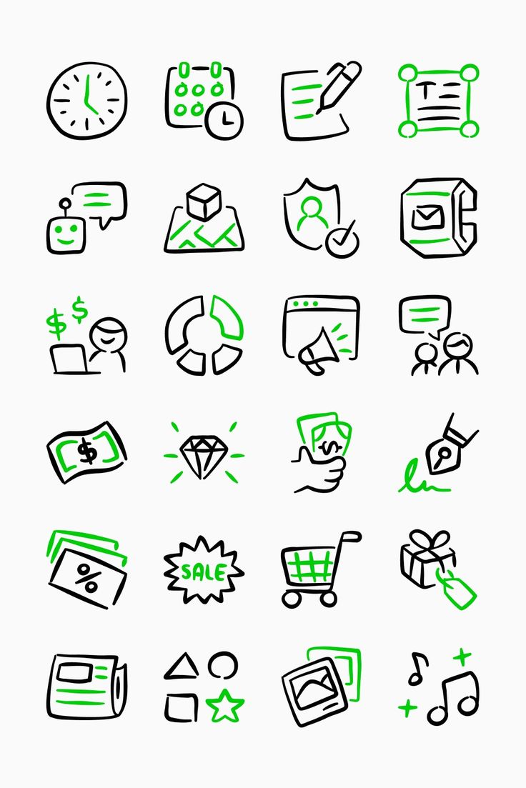 the icons are drawn in green and black on a white background, each with different symbols