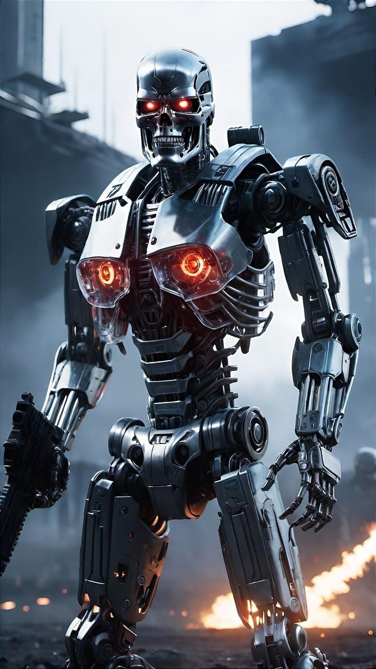 a robot that is standing in the dark with its hands on his hips and glowing eyes