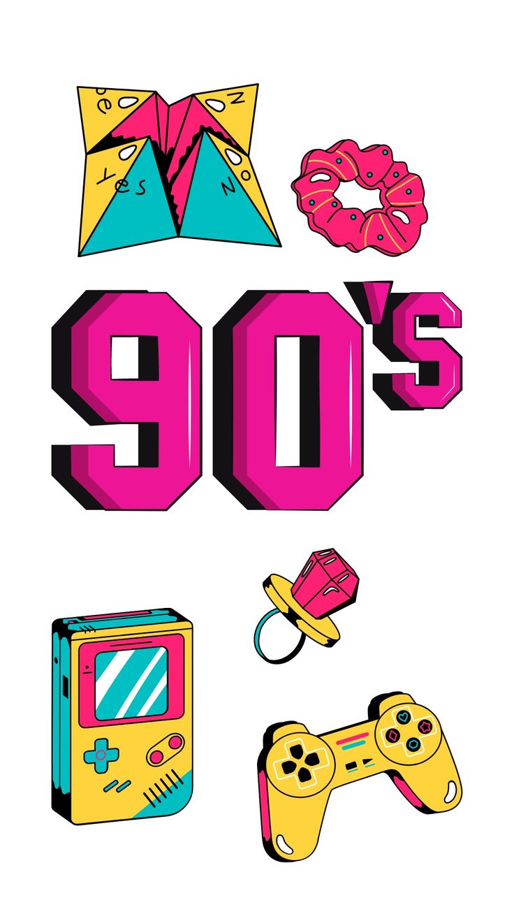 the 90's logo is shown with video game controllers and other items around it