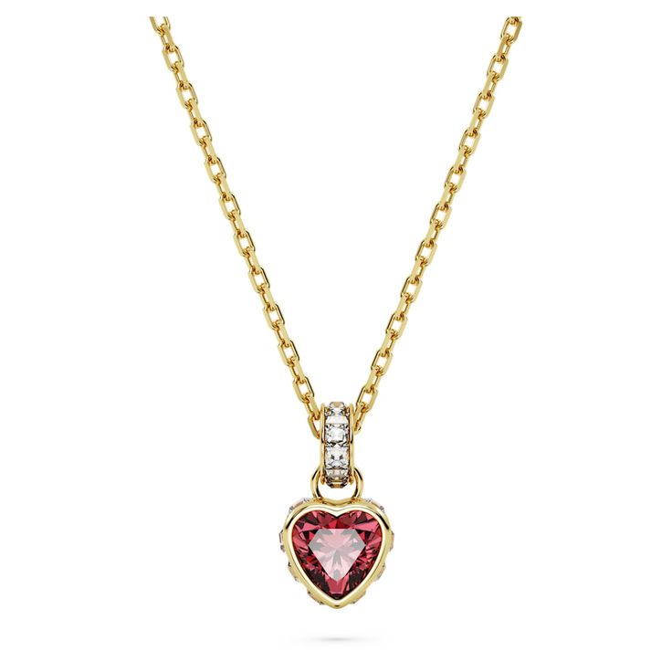 If you adore heart-shaped jewelry, this pendant from the Chroma family is essential for your collection. The red centerstone sits in a gold-tone plated surround enhanced with square clear crystals around the edges and the bail. Beautifully attached to a gold-tone plated chain with a round stone detail at the end and a 5cm elongation, this is a piece you can wear every day, making it a signature part of your style. Pink Watch, Heart Shaped Jewelry, Blue Watches, Rose Gold Watches, Red Necklace, Clear Crystals, Adjustable Necklace, Single Earring, Metal Bracelets