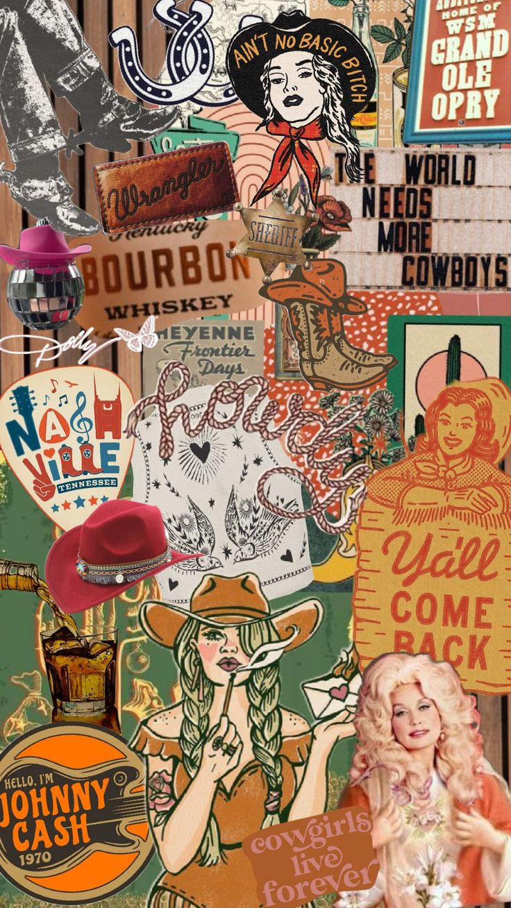 a collage of various vintage signs and stickers on a wooden wall with a woman in a cowboy hat