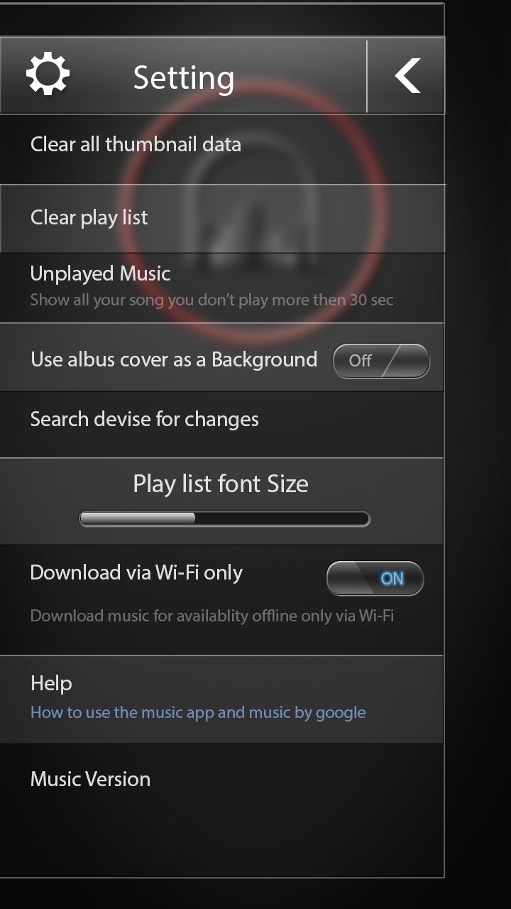 the settings menu for an app that is open to play music and then clicks