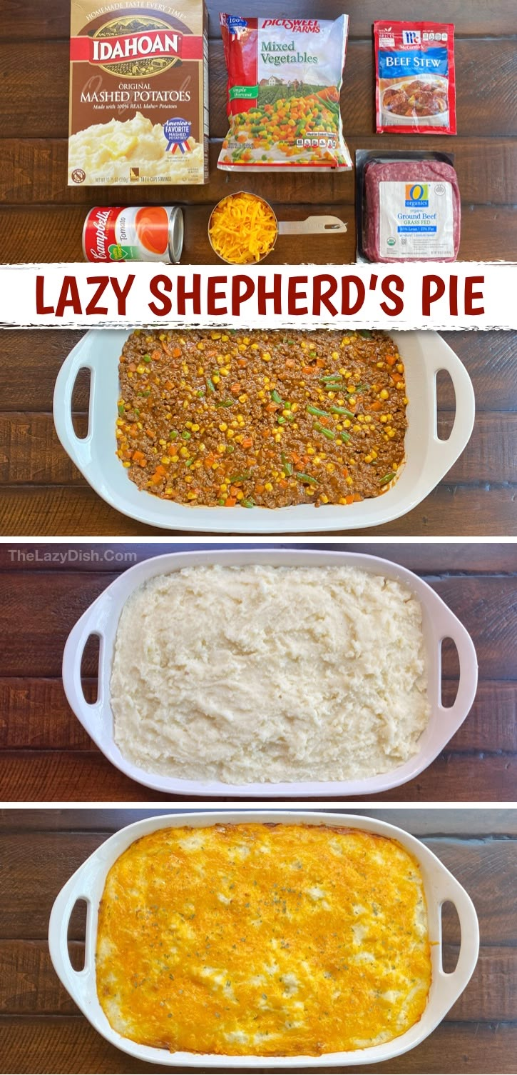 the ingredients to make lazy shepherd's pie are shown in three separate pans