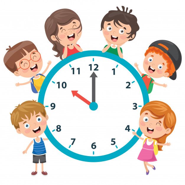 a group of kids standing in front of a large clock with the time on it