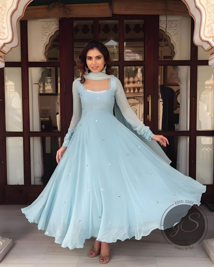 Sky Blue Indian Suit, Anarkali With Mirror Work, Suit Colors Women, Diwali Inspired Outfit, Gown Dress Design Indian, Sky Blue Anarkali Suits, Anarkalis For Women, Diwali Outfits For Women 2024, Gown Suits For Women