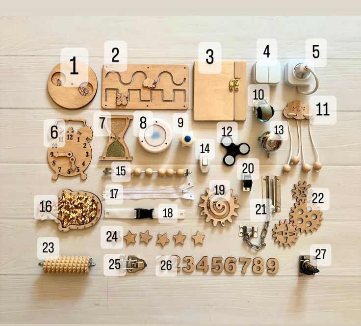 the numbers and objects are laid out on the wooden floor to be used as wall hangings