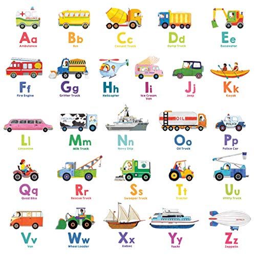 an alphabet poster with different types of vehicles and letters on it's white background