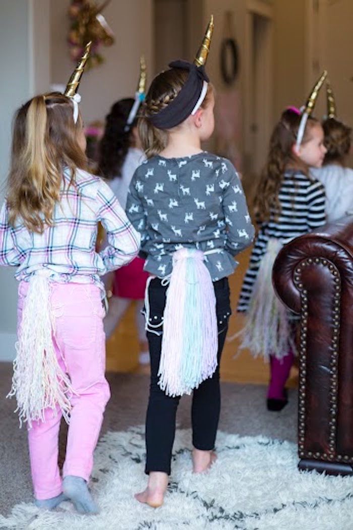 Girls in Unicorn Attire from a Rainbows & Unicorns Birthday Party via Kara's Party Ideas                                                                                                                                                                                 Más Unicorn Pics, Unicorns Birthday Party, Rainbow Unicorn Birthday Party, Rainbow Unicorn Party, Unicorn Themed Birthday Party, Unicorn Tee, Rainbow Unicorn Birthday, Pony Birthday, Pony Party