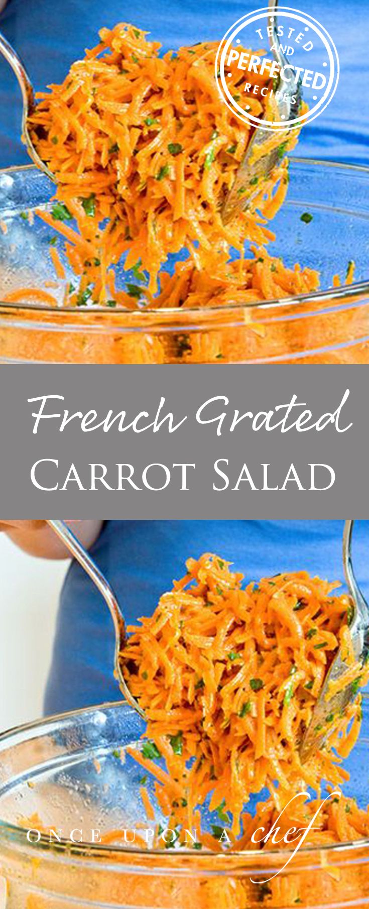 a person scooping carrot salad out of a bowl with the words french grated carrot salad