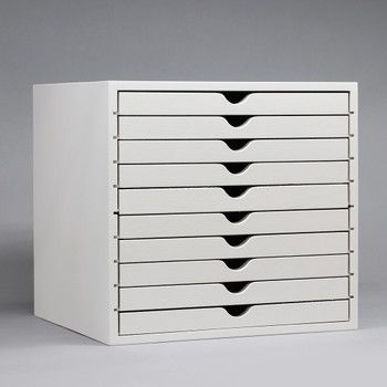 a white chest of drawers with black handles on the top and bottom, against a gray background