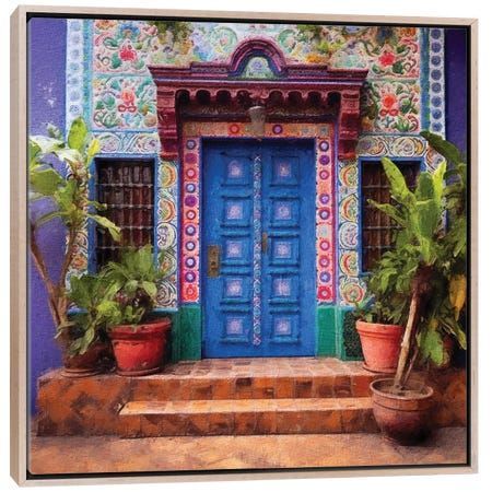 a painting of a blue door with potted plants