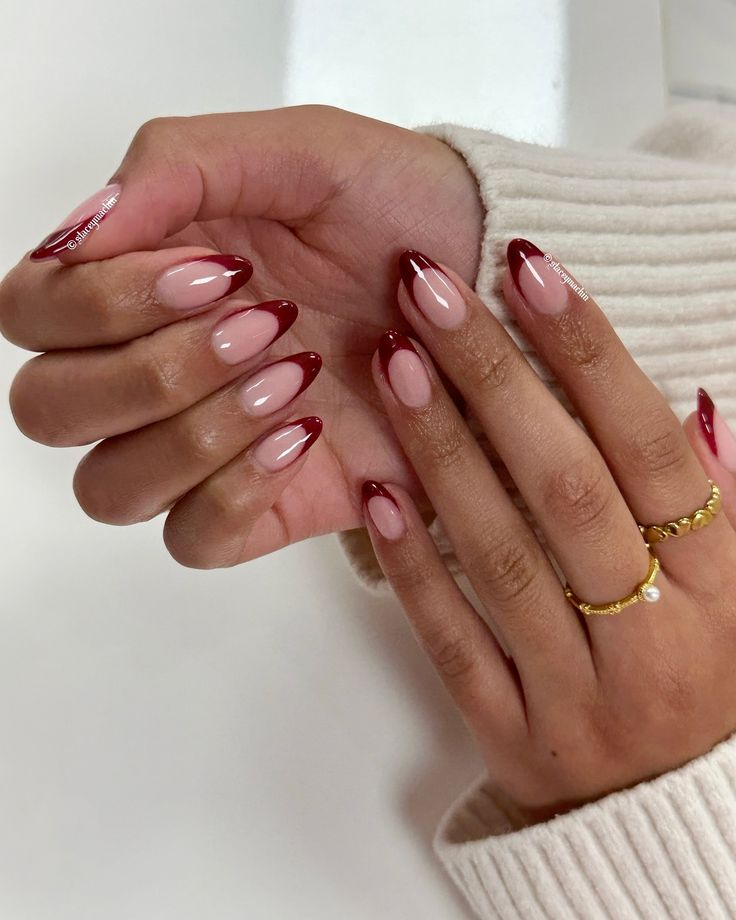 Cherry red 🍒 @glitterbels one more bite ♥️ Maroon Tip Nails French Manicures, November Nails Ideas French, Red Cherry French Tip Nails, French Nail Cherry, Dark Red Almond French Tip Nails, Red Chrome Tips Nails, Nail Cherry Red, Nail Inspo Red French Tip, Cherry Red Tip Nails