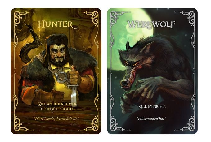 two cards from the game hunter and werewolves