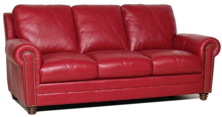 a red leather couch with nail polishing on the armrests and back rest