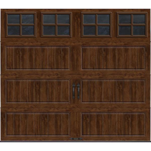 an image of a wooden garage door with glass on the top and bottom paneling