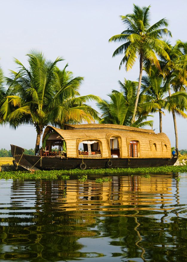 a house boat on the water with palm trees in the background