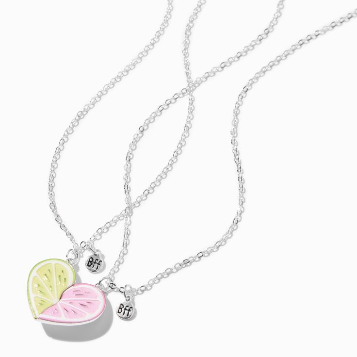 Claire's Best Friends Lime & Grapefruit Heart Pendant Necklaces - 2 Pack Friend Necklaces For 2, Best Friend Necklaces For 2, Words For Best Friend, Bracelets Bff, Preppy Necklaces, Bracelet Bff, Candy Theme Birthday Party, Frozen Birthday Theme, Bff Necklace