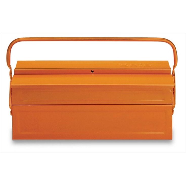 an orange plastic box with handle on the top and bottom, sitting in front of a white background