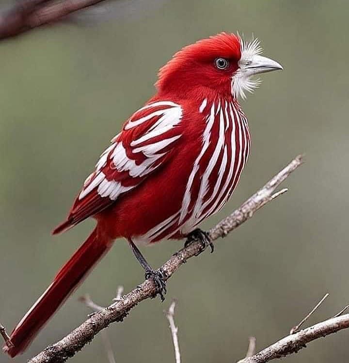 a red and white bird sitting on top of a tree branch with no leaves around it