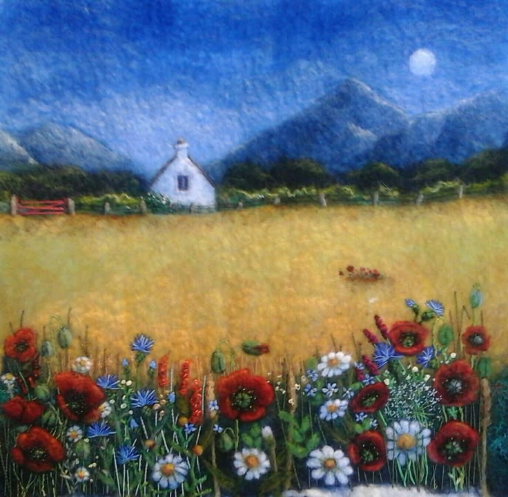 a painting of a field with flowers and a barn in the background