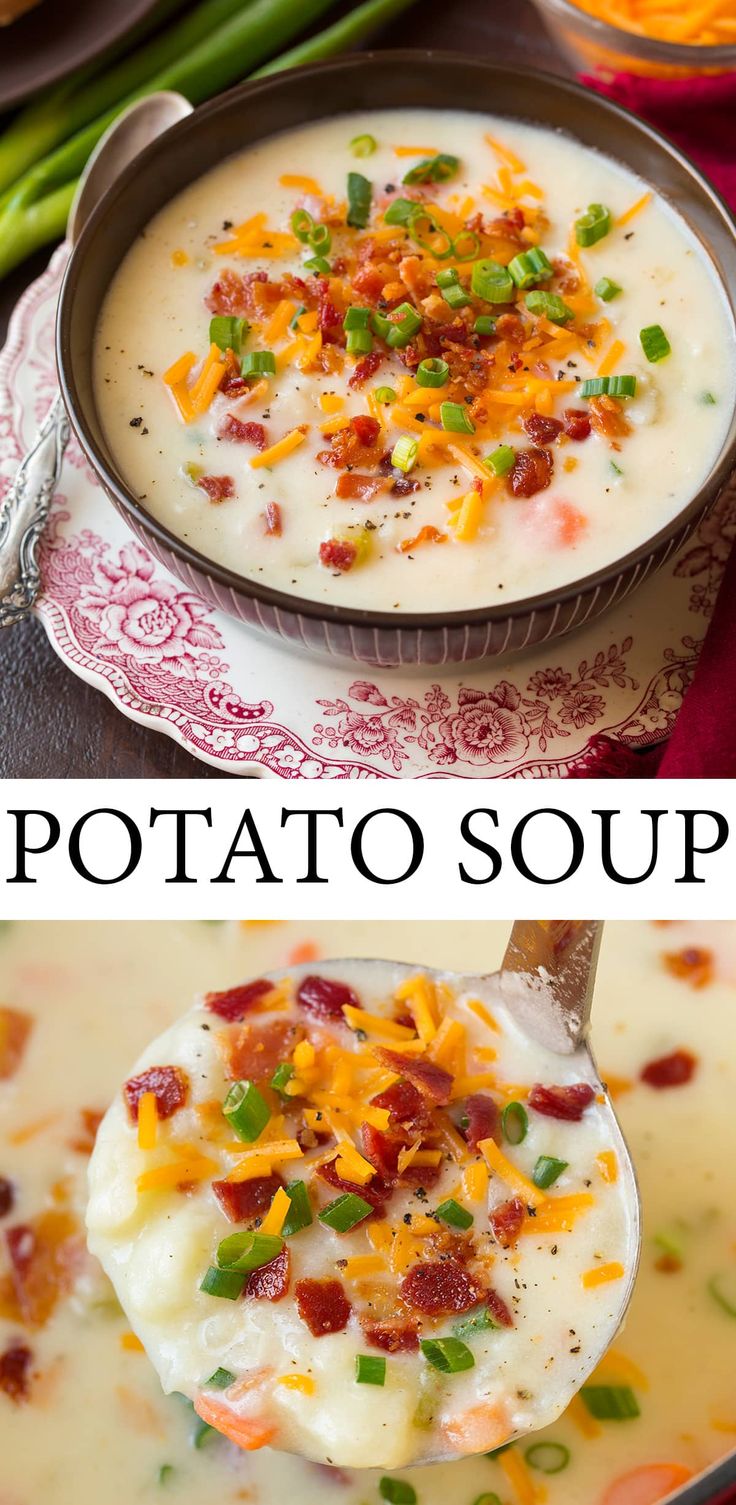 two pictures of potato soup with bacon and cheese in a bowl on a red plate