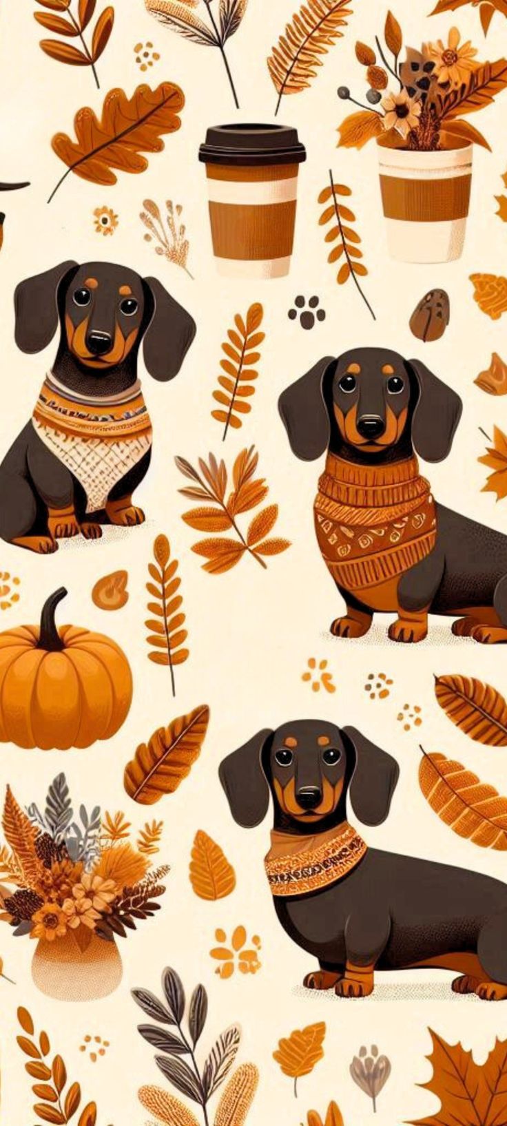 a dachshund is sitting in front of leaves and pumpkins