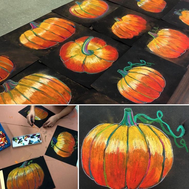 several pictures of pumpkins painted on black paper