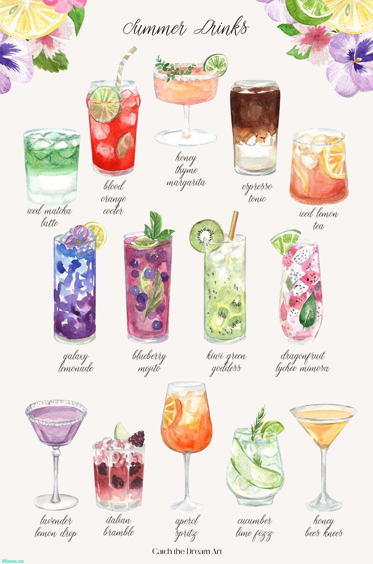 Fruity Summer Cocktails Watercolor - Design Cuts Mixology Party, Fruity Summer Cocktails, Drink Clipart, Drinks Poster, Fruity Alcohol Drinks, Cocktails Clipart, Menue Design, Fruity Cocktails, Fizzy Drink