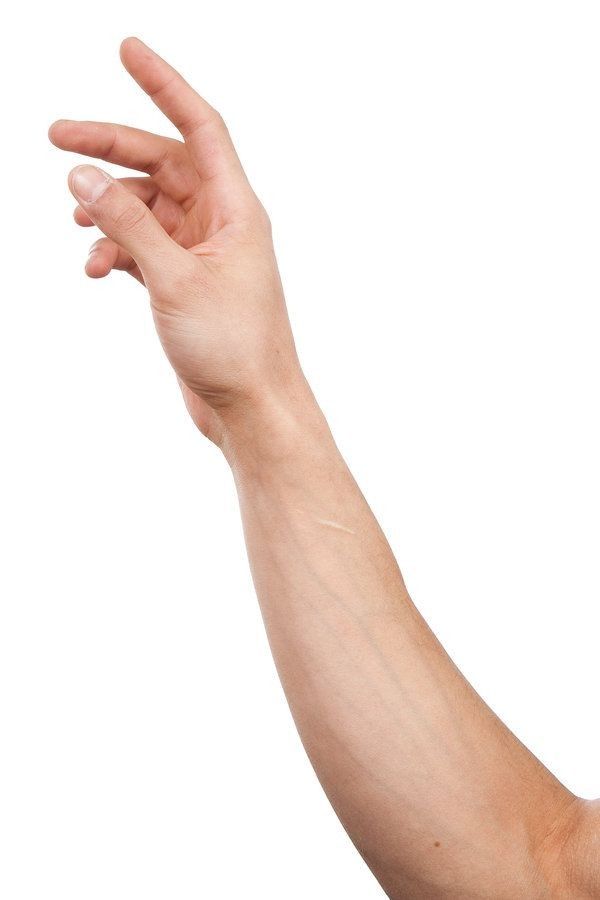 a hand reaching up to grab something with it's left index and fingers, against a white background