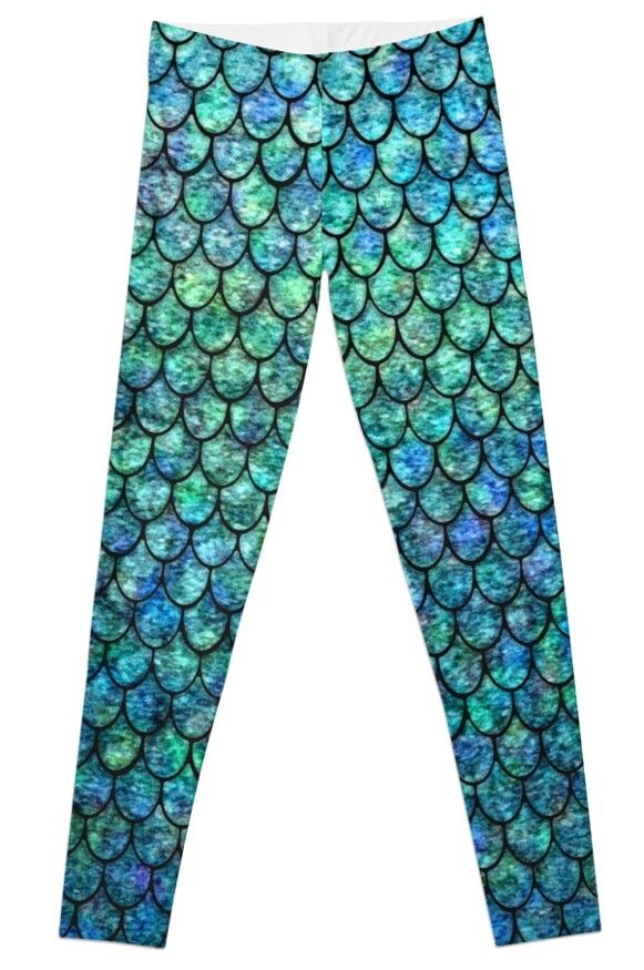 the leggings are designed to look like fish scales, with blue and green colors