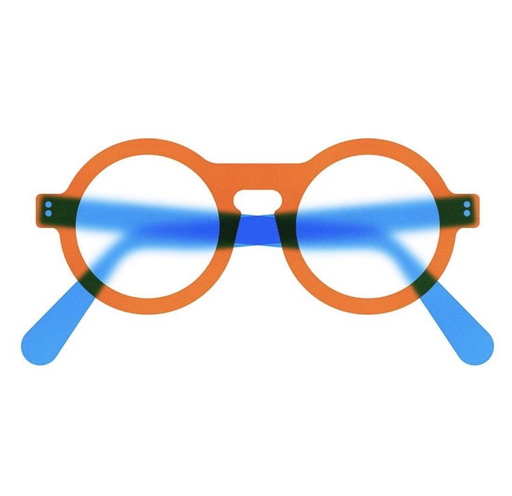 an orange and blue pair of glasses on a white background with the reflection of it's lenses