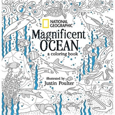 an adult coloring book with ocean animals and marine life on the cover, in black and white