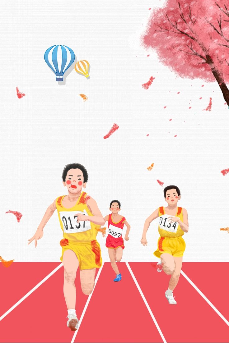 three people running on a race track with trees and hot air balloons in the background