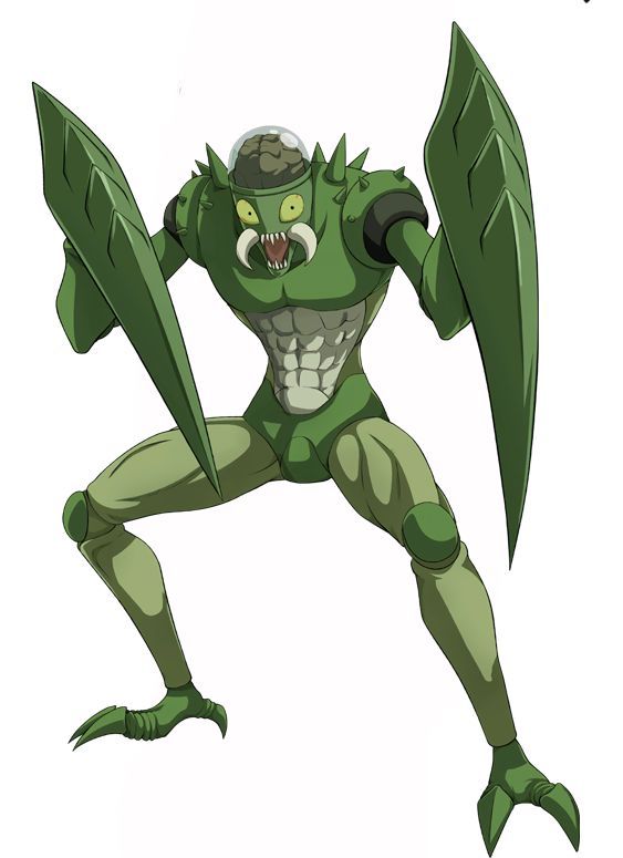 a cartoon character with green hair and an evil grin on his face, holding two large wings