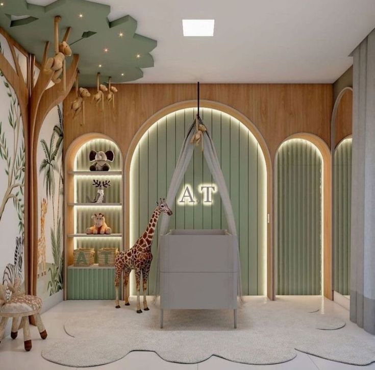 a baby's room with a giraffe in the corner