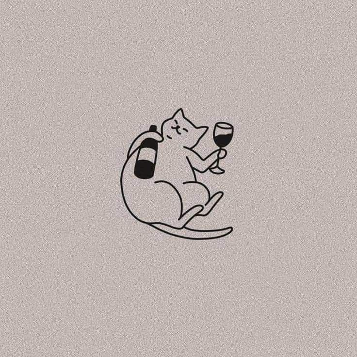 a drawing of a cat holding a glass of wine