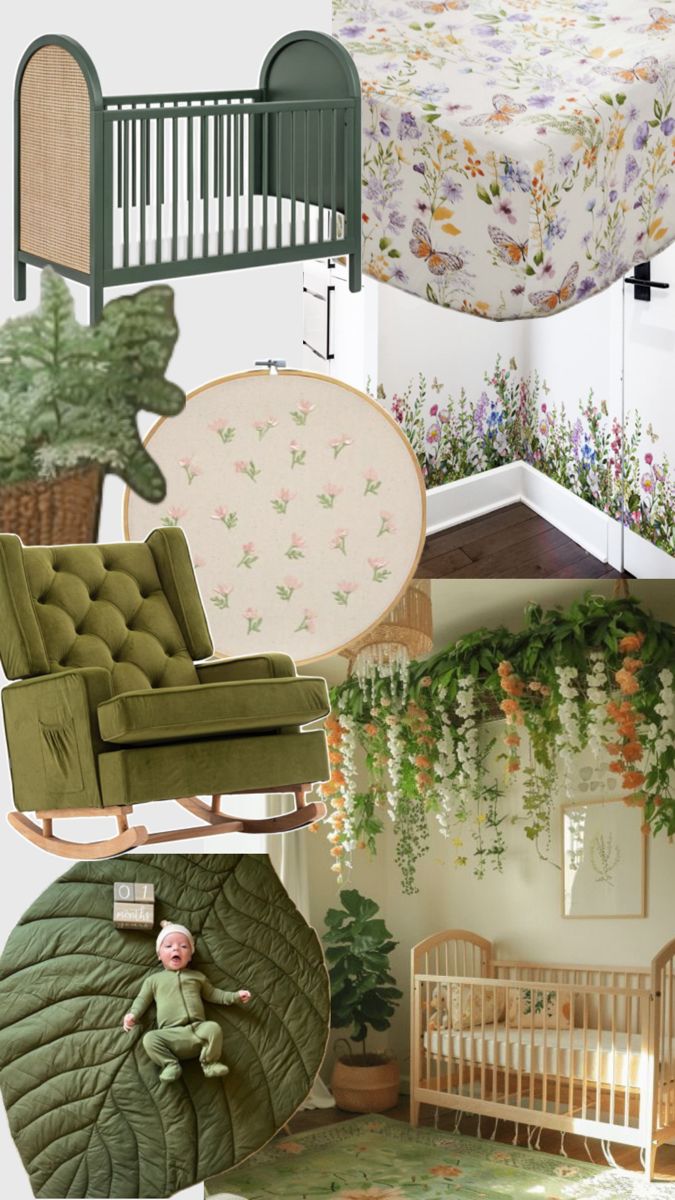 a collage of green furniture and decor in various rooms with flowers on the ceiling