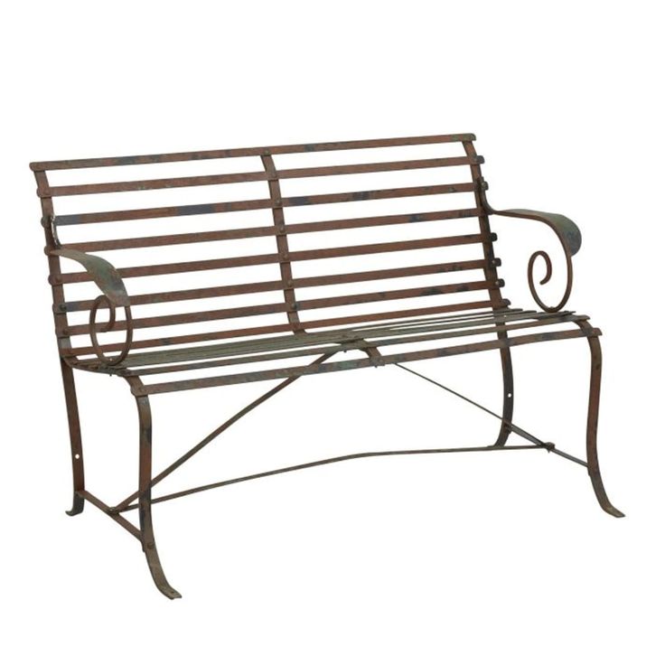 an iron and wood park bench on a white background