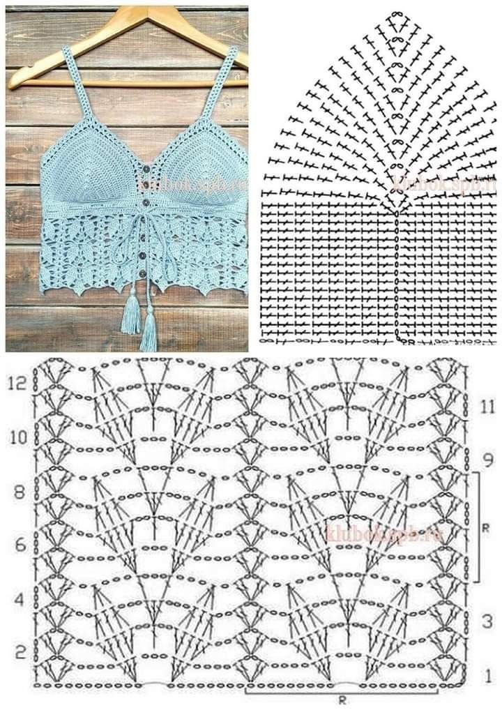 the crocheted bralet pattern is shown in three different sizes, including one with fringe