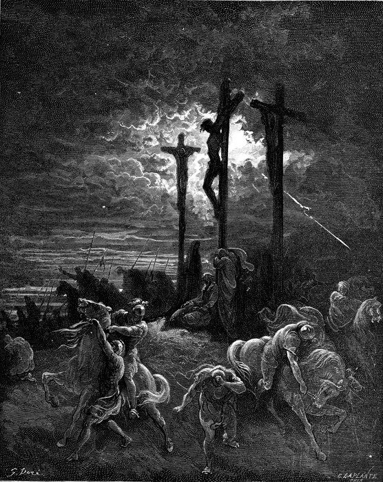 an old black and white photo of jesus on the cross being led by men with horses