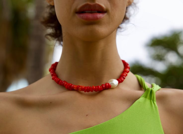 Introducing LO, our exquisite Coral Beaded Necklace feat. Mother of Pearl. A stunning, statement piece perfect for solo wear or stacking with others. Handcrafted with meticulous care, this necklace showcases the captivating allure of genuine coral beads, each chosen for their vibrant color and unique shape. Slight variations due to the individuality of each piece. Details: - 16"- 14K gold plated lobster clasp - Authentic Coral - Mother of Pearl Fantasy Necklace, Red Coral Necklace, Coral Beads Necklace, Necklace Beads, Coral Necklace, Coral Jewelry, Gameday Outfit, Coral Beads, Ceramic Jewelry