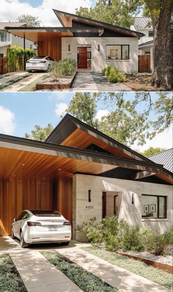 two pictures of a modern house with wood sidings and white car parked in the driveway