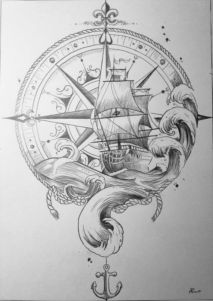 a drawing of a ship with an anchor and waves in the water on top of it